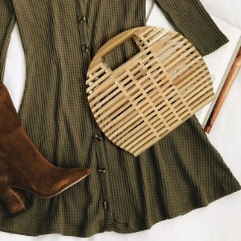 Smooth Natural Bamboo Bag Top Handle, Bamboo Woven Beach Bag, Half Moon,… - Picture 2 of 3